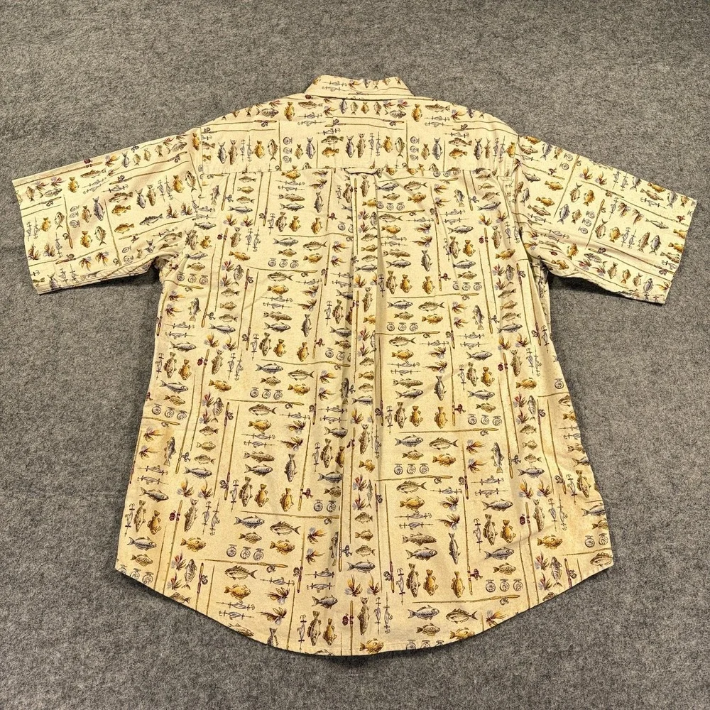 VTG Woolrich Shirt Mens Medium Beige Freshwater Fishing‎ Short Sleeve Print